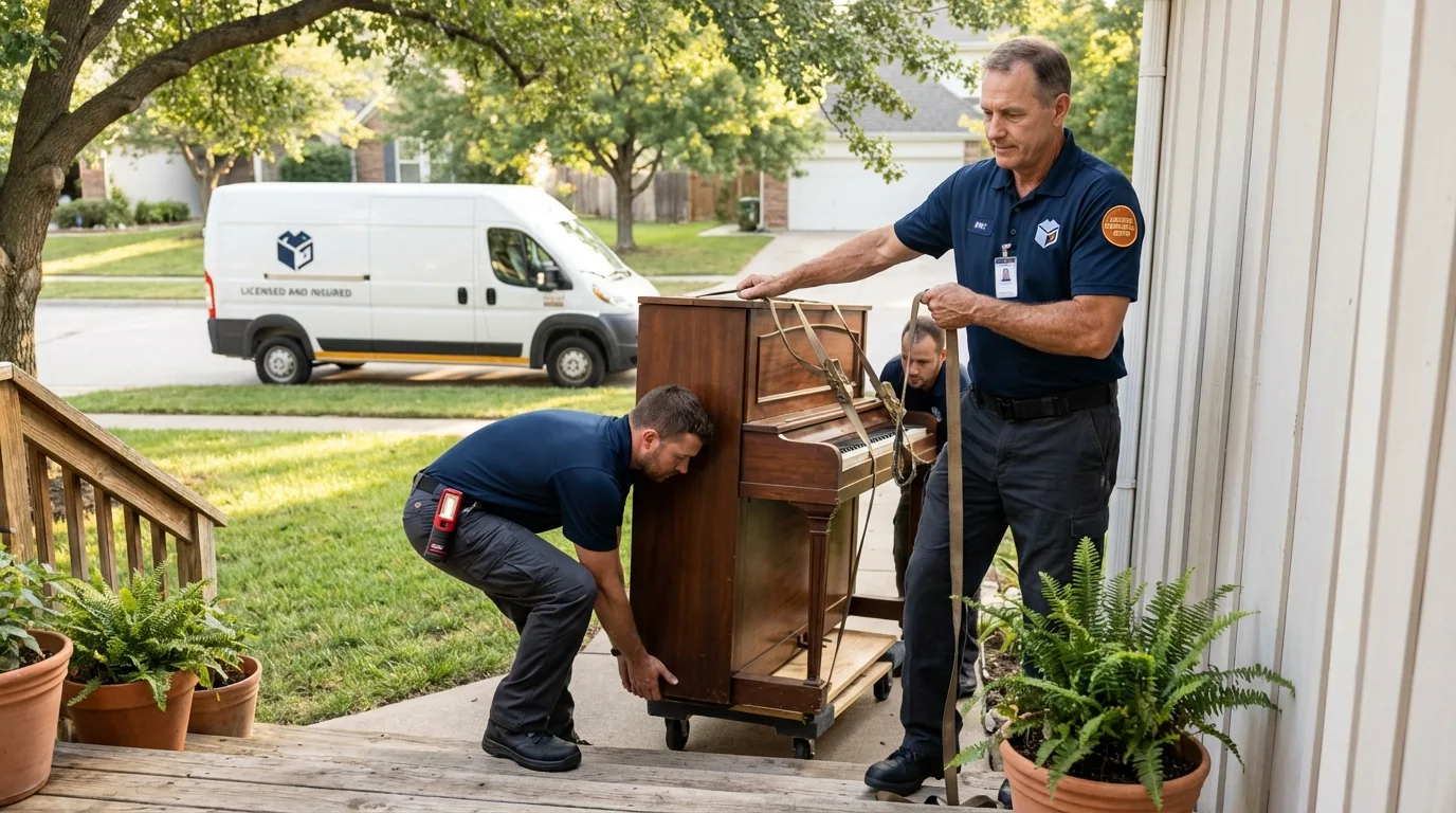Licensed piano movers securing grand piano in Plainfield, NJ