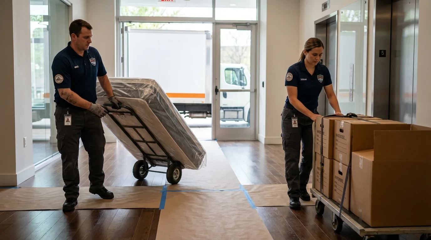 Professional apartment movers loading elevator in Plainfield, NJ